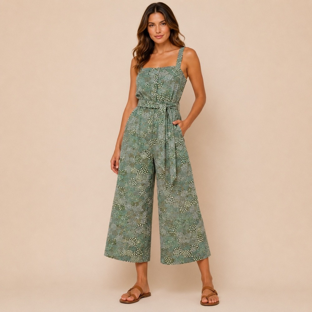 Krimson Klover Jumpsuit Wide Leg Cropped Green Abstract Print S Travel Granola‎